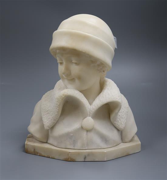 An Art Deco alabaster or marble bust of a young girl 24cm high